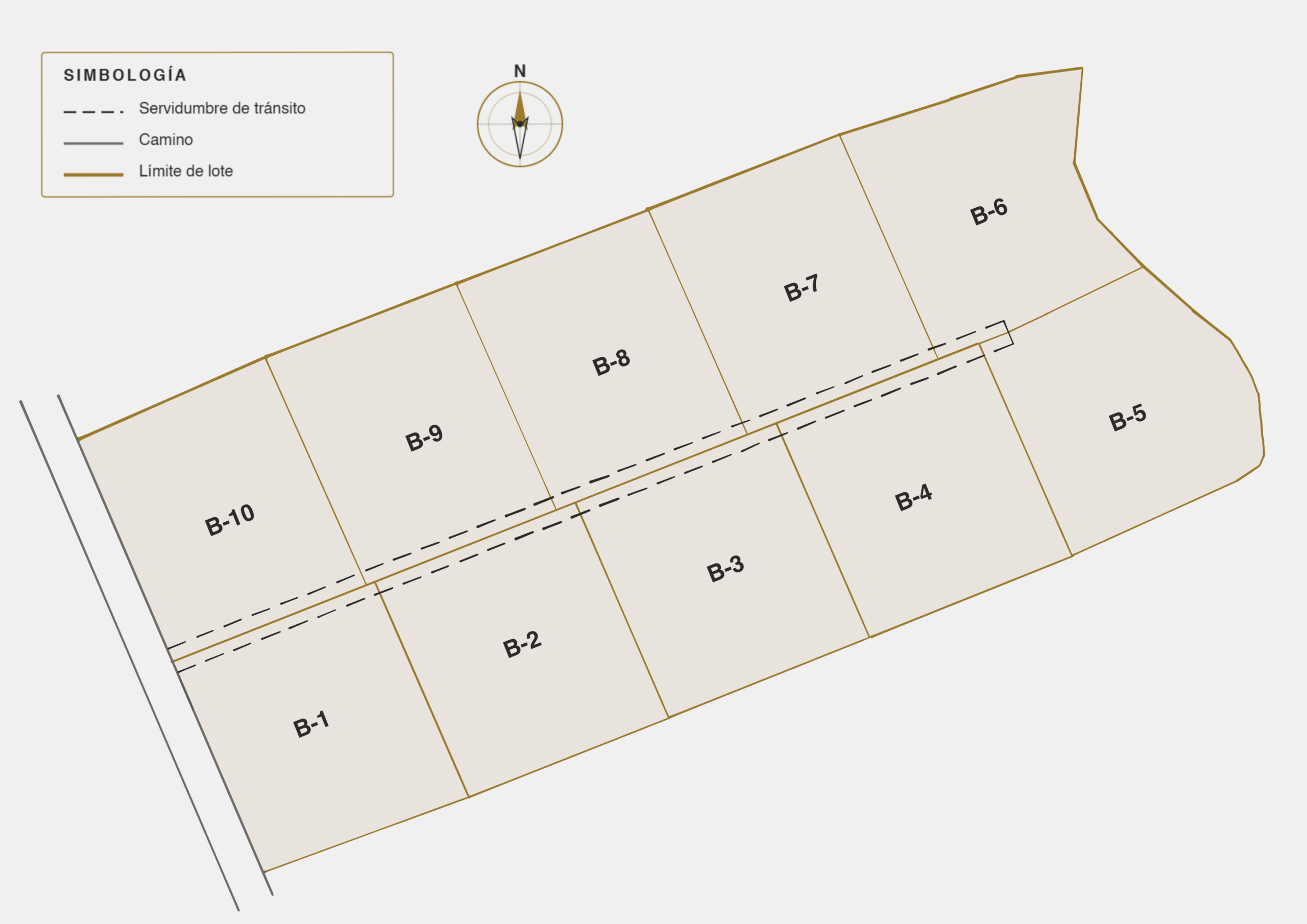 Plano técnico de loteo de parcelas en el Valle de Colchagua. Mapa con división de terrenos numerados del B-1 al B-10, indicando límites de lote, camino principal y servidumbre de tránsito.